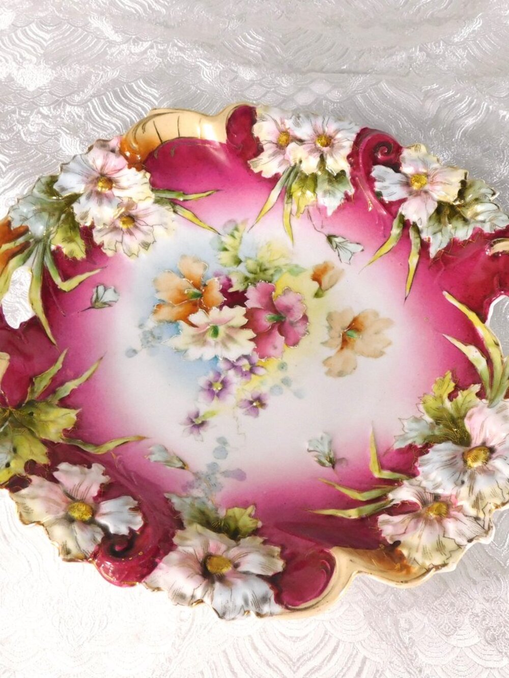 Large Dark Pink Unmarked Bowl with Dimensional Flowers in Rim # 27752